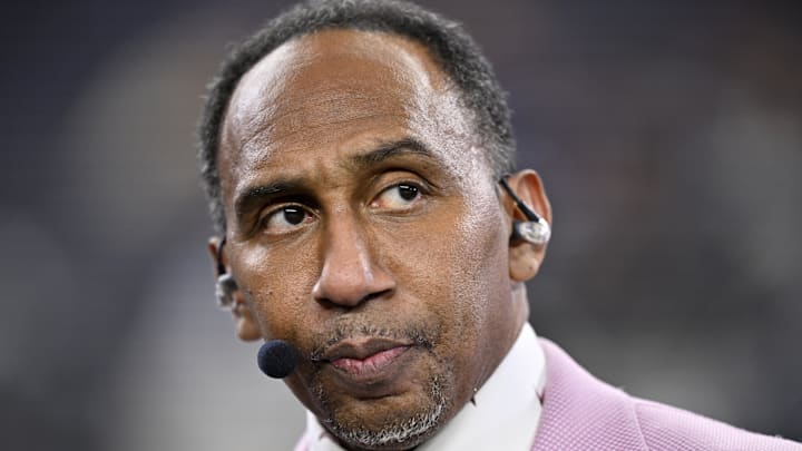 Nov 3, 2025; Arlington, Texas, USA; ESPN commentator Stephen A. Smith looks on before the game between the Dallas Cowboys and the Arizona Cardinals at AT&T Stadium.