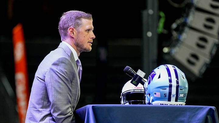 Jul 8, 2026; Frisco, TX, USA; Kansas State head coach Collin Klein speaks to reporters during Big 12 Conference Football Media Days at The Star. Mandatory Credit: Raymond Carlin III-Imagn Images Jul 8, 2026; Frisco, TX, USA; Kansas State head coach Collin Klein speaks to reporters during Big 12 Conference Football Media Days at The Star. Mandatory Credit: Raymond Carlin III-Imagn Images