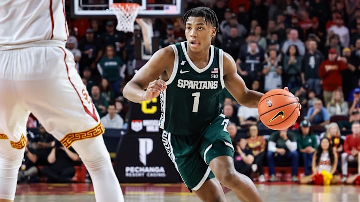 Feb 1, 2025; Los Angeles, California, USA; Michigan State Spartans guard Jeremy Fears Jr. (1) dribbles the ball against the USC Trojans during the second half push at Galen Center. Mandatory Credit: William Navarro-Imagn Images Feb 1, 2025; Los Angeles, California, USA; Michigan State Spartans guard Jeremy Fears Jr. (1) dribbles the ball against the USC Trojans during the second half push at Galen Center. Mandatory Credit: William Navarro-Imagn Images