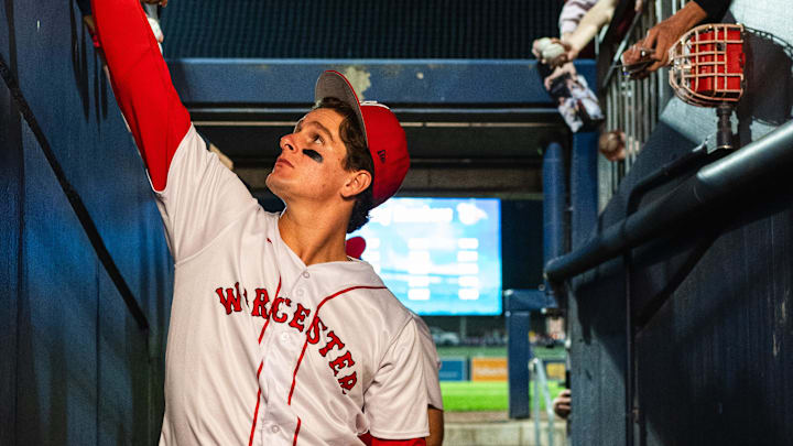 Red Sox prospect Roman Anthony signs autographs for fans following a Triple-A Worcester game at Polar Park on May 2, 2025.
