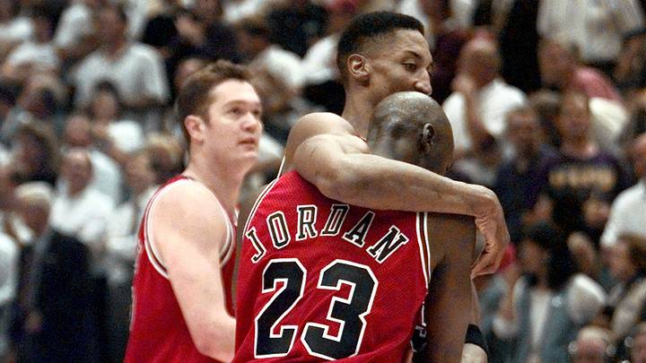Jun 11, 1997; Salt Lake City, USA; Chicago Bulls guard Michael Jordan gets a hug from teammate Scottie Pippin after the Bulls defeated the Utah Jazz in game five Jun 11, 1997; Salt Lake City, USA; Chicago Bulls guard Michael Jordan gets a hug from teammate Scottie Pippin after the Bulls defeated the Utah Jazz in game five