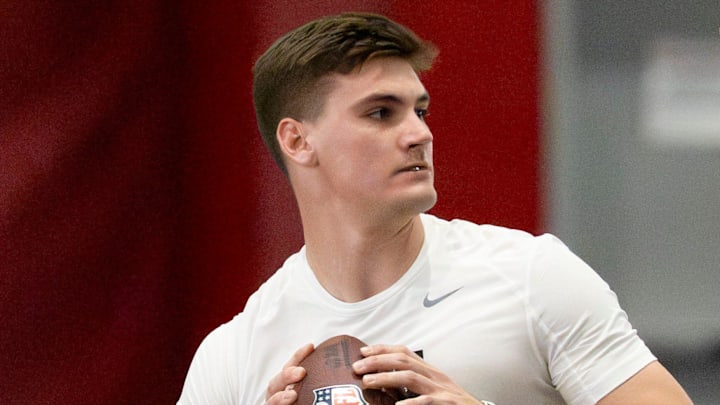 Alabama quarterback Ty Simpson throws during Pro Day