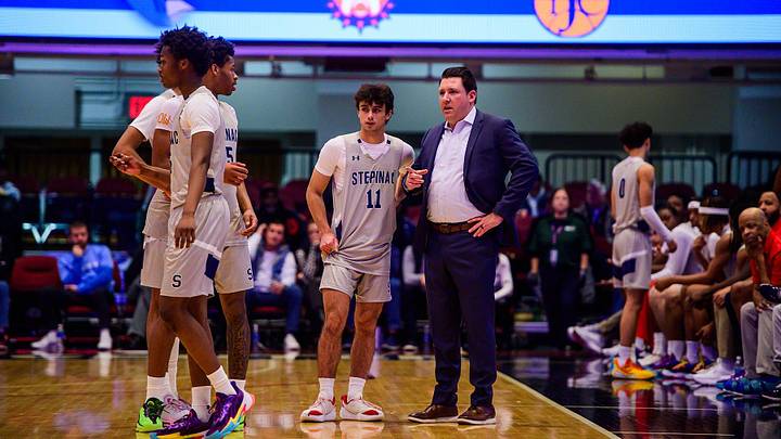 Archbishop Stepinac head coach Patrick Massaroni talks to players on the court during the William F. Plunkett Jr. Christmas Classic at the Westchester County Center in White Plains (NY) on December 7, 2025. Massaroni was issued a seven-game suspension following an investigation by the CHSAA. Archbishop Stepinac head coach Patrick Massaroni talks to players on the court during the William F. Plunkett Jr. Christmas Classic at the Westchester County Center in White Plains (NY) on December 7, 2025. Massaroni was issued a seven-game suspension following an investigation by the CHSAA.
