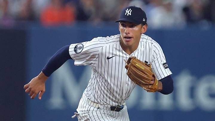 Aug 5, 2026; Bronx, New York, USA; New York Yankees shortstop George Lombard Jr. (96) fields a ground ball during the first inning against the St. Louis Cardinals at Yankee Stadium. Mandatory Credit: Brad Penner-Imagn Images
