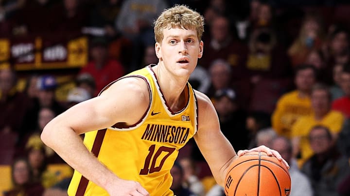 Dec 21, 2025; Minneapolis, Minnesota, USA; Minnesota Golden Gophers forward Cade Tyson (10) drives to the basket against the Campbell Fighting Camels during the first half at Williams Arena. Mandatory Credit: Matt Krohn-Imagn Images