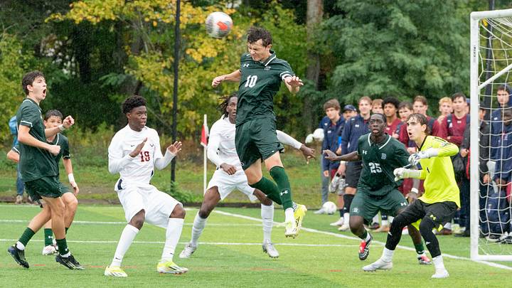 Berkshire's Alexander Cestone (10) clears a ball in front of Milton Academy's Henry Brown (18) during the NXT LVL Invitational. Berkshire's Alexander Cestone (10) clears a ball in front of Milton Academy's Henry Brown (18) during the NXT LVL Invitational.