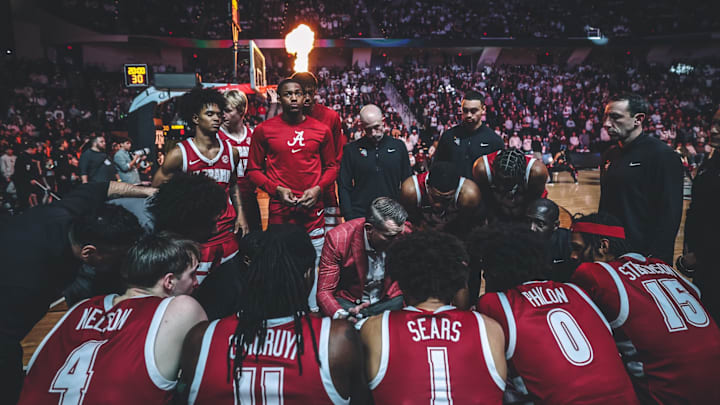 The Alabama Basketball Team listens to Alabama basketball coach Nate Oats in the huddle against Texas A&M at Reed Arena in College Station, TX on Saturday, Jan 11, 2025. The Alabama Basketball Team listens to Alabama basketball coach Nate Oats in the huddle against Texas A&M at Reed Arena in College Station, TX on Saturday, Jan 11, 2025.