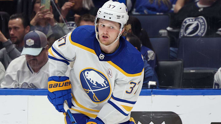 Feb 29, 2024; Tampa, Florida, USA;  Buffalo Sabres center Casey Mittelstadt (37) controls the puck against the Tampa Bay Lightning in the third period at Amalie Arena. Mandatory Credit: Nathan Ray Seebeck-Imagn Images