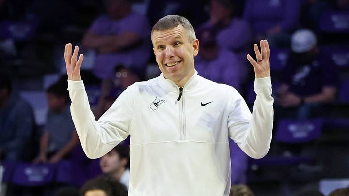 Mar 3, 2026; Manhattan, Kansas, USA; West Virginia Mountaineers head coach Ross Hodge reacts to a play during the second half against the Kansas State Wildcats at Bramlage Coliseum. Mandatory Credit: Scott Sewell-Imagn Images