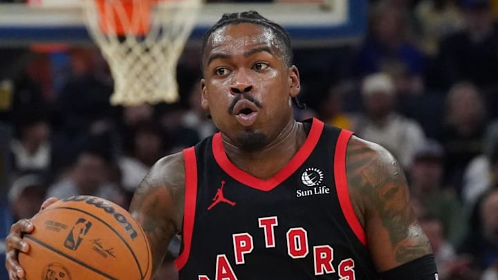 Jan 20, 2026; San Francisco, California, USA;  Toronto Raptors guard Jamal Shead (23) brings the ball upcourt against the Golden State Warriors in the third quarter at Chase Center. Mandatory Credit: David Gonzales-Imagn Images