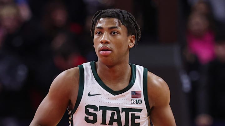 Jan 27, 2026; Piscataway, New Jersey, USA; Michigan State Spartans guard Jeremy Fears Jr. (1) dribbles up court against the Rutgers Scarlet Knights during the first half at Jersey Mike's Arena. Mandatory Credit: Vincent Carchietta-Imagn Images Jan 27, 2026; Piscataway, New Jersey, USA; Michigan State Spartans guard Jeremy Fears Jr. (1) dribbles up court against the Rutgers Scarlet Knights during the first half at Jersey Mike's Arena. Mandatory Credit: Vincent Carchietta-Imagn Images