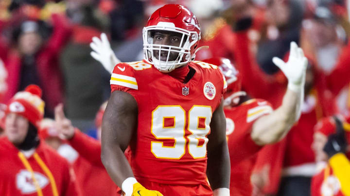 Jan 26, 2025; Kansas City, MO, USA; Kansas City Chiefs defensive tackle Tershawn Wharton (98) against the Buffalo Bills in the AFC Championship game at GEHA Field at Arrowhead Stadium. Mandatory Credit: Mark J. Rebilas-Imagn Images
