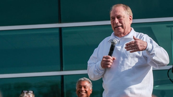 Michigan State Men's Head Basketball Coach Tom Izzo speaks to the crowd before the start of the Izzo Legacy 5K run Sunday, April 27, 2025.