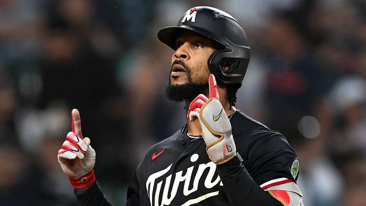 Jun 10, 2026; Detroit, Michigan, USA; Minnesota Twins center fielder Byron Buxton (25) celebrates at home plate after hitting a three-run home run against the Detroit Tigers in the fifth inning at Comerica Park. Mandatory Credit: Lon Horwedel-Imagn Images Jun 10, 2026; Detroit, Michigan, USA; Minnesota Twins center fielder Byron Buxton (25) celebrates at home plate after hitting a three-run home run against the Detroit Tigers in the fifth inning at Comerica Park. Mandatory Credit: Lon Horwedel-Imagn Images