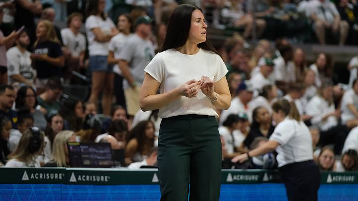 Michigan State's head volleyball coach Kristen Kelsay helped lead the Spartans to their first top-15 win in three years on Sunday against Penn State. Michigan State's head volleyball coach Kristen Kelsay helped lead the Spartans to their first top-15 win in three years on Sunday against Penn State.