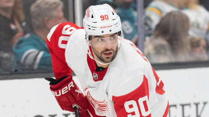 Jan 2, 2024; San Jose, California, USA; Detroit Red Wings center Joe Veleno (90) during the first