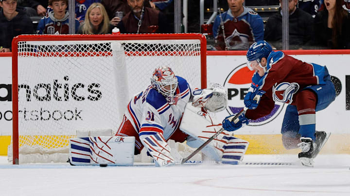 Mar 28, 2024; Denver, Colorado, USA; New York Rangers goaltender Igor Shesterkin (31) defends on a