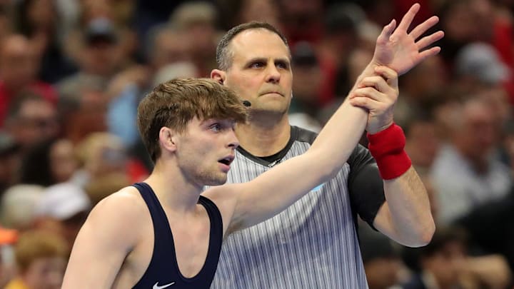 Penn State Nittany Lions wrestler Marcus Blaze celebrates following a win at the NCAA Wrestling Championships.