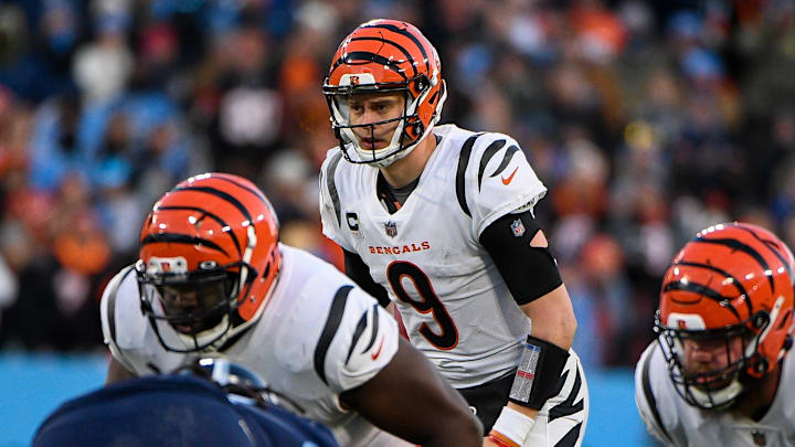 Jan 22, 2022; Nashville, Tennessee, USA; Cincinnati Bengals quarterback Joe Burrow (9) against the