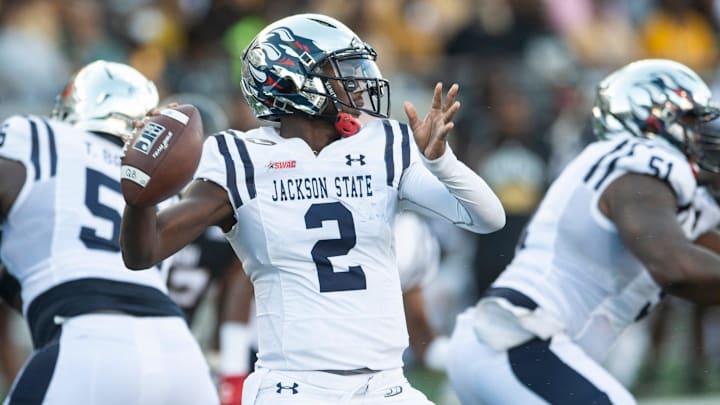 Jackson State Tigers quarterback Shedeur Sanders throws during a 2022 game at ASU Stadium in Montgomery, Ala.