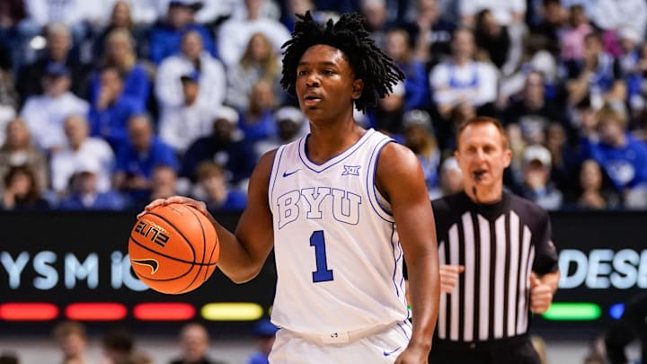 Mar 7, 2026; Provo, Utah, USA; BYU Cougars guard Robert Wright III (1) dribbles the ball during the first half against the Texas Tech Red Raiders at Marriott Center. Mandatory Credit: Aaron Baker-Imagn Images
