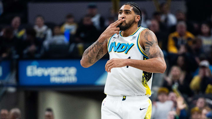 Dec 15, 2024; Indianapolis, Indiana, USA; Indiana Pacers forward Obi Toppin (1) celebrates a made shot in the second half against the New Orleans Pelicans at Gainbridge Fieldhouse. Mandatory Credit: Trevor Ruszkowski-Imagn Images Dec 15, 2024; Indianapolis, Indiana, USA; Indiana Pacers forward Obi Toppin (1) celebrates a made shot in the second half against the New Orleans Pelicans at Gainbridge Fieldhouse. Mandatory Credit: Trevor Ruszkowski-Imagn Images