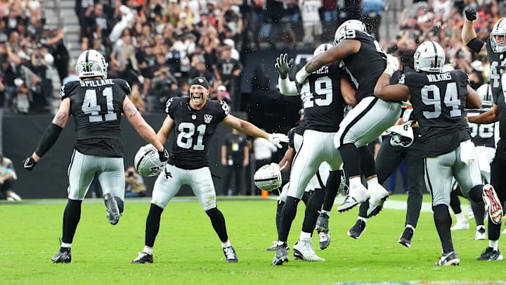 Sep 29, 2024; Paradise, Nevada, USA; The Las Vegas Raiders celebrate after stopping the Cleveland Browns on fourth down in the the fourth quarter at Allegiant Stadium. Mandatory Credit: Stephen R. Sylvanie-Imagn Images