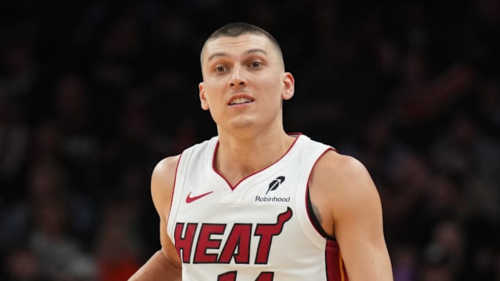Nov 6, 2024; Phoenix, Arizona, USA; Miami Heat guard Tyler Herro (14) dribbles against the Phoenix Suns during the second half at Footprint Center. Nov 6, 2024; Phoenix, Arizona, USA; Miami Heat guard Tyler Herro (14) dribbles against the Phoenix Suns during the second half at Footprint Center.