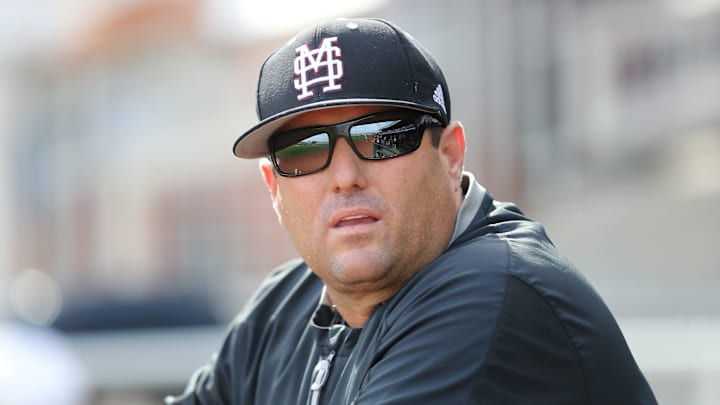 Mississippi State head baseball coach Chris Lemonis watches as his team warms up. Mississippi State defeated Auburn in the opening round of the NCAA College World Series on Sunday, June 16.2019 at TD Ameritrade Park in Omaha.

Msu Auburn College World Series