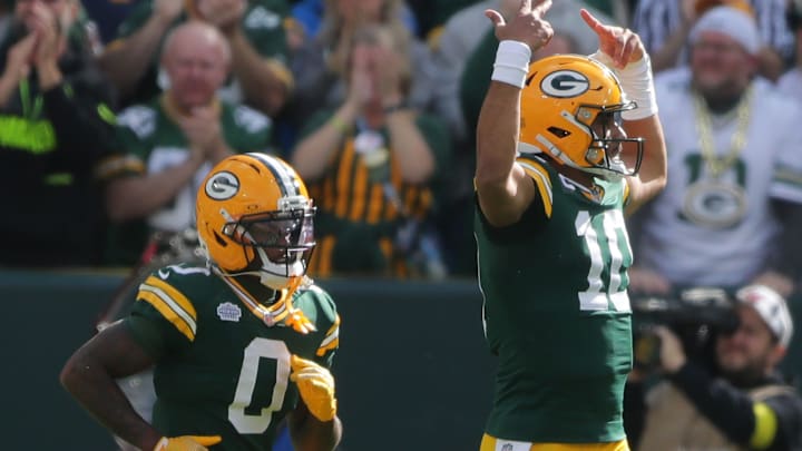 Green Bay Packers quarterback Jordan Love (10) and wide receiver Matthew Golden (0) against the Detroit Lions on Sunday, September 7, 2025, at Lambeau Field in Green Bay, Wis. 
Wm. Glasheen USA TODAY NETWORK-Wisconsin