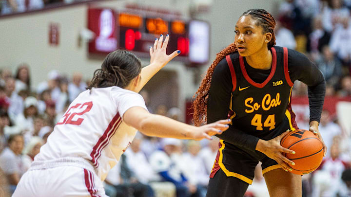 USC's Kiki Iriafen (44) during the Indiana versus University of Southern California women's basektball game at Simon Skjodt Assembly Hall on Sunday, Jan. 19, 2025.