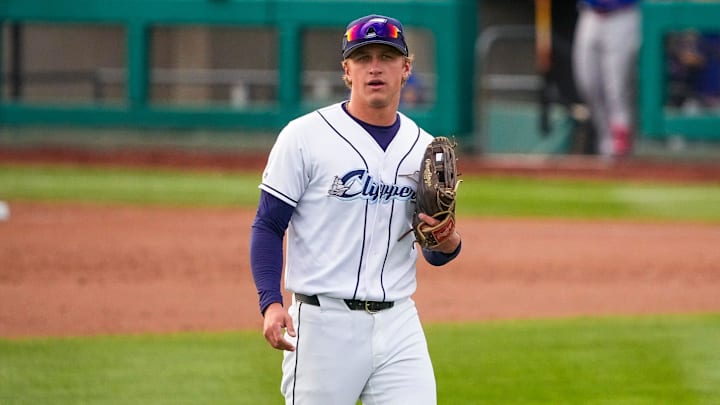 Columbus Clippers outfielder Petey Halpin (8) walks to the outfield during the game against the St. Paul Saints at Huntington Park on Tuesday, April 1, 2025 in Columbus, Ohio.