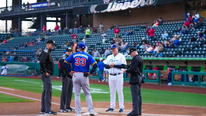 Columbus Clippers manager Andy Tracy meets with St. Paul Saints manager Toby Gardenhire before the game at Huntington Park on Tuesday, April 1, 2025 in Columbus, Ohio. Columbus Clippers manager Andy Tracy meets with St. Paul Saints manager Toby Gardenhire before the game at Huntington Park on Tuesday, April 1, 2025 in Columbus, Ohio.