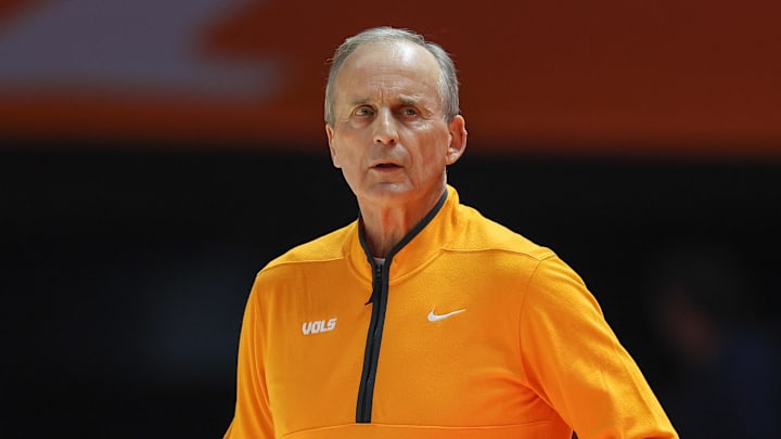 Dec 16, 2025; Knoxville, Tennessee, USA;  Tennessee Volunteers head coach Rick Barnes during the first half against the Louisville Cardinals at Thompson-Boling Arena at Food City Center. Mandatory Credit: Randy Sartin-Imagn Images
