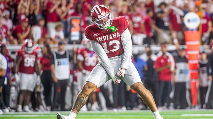 Indiana's Kellen Wyatt (13) celebrates his sack during the Indiana versus Illinois football game at Memorial Stadium on Saturday, Sept. 20, 2025