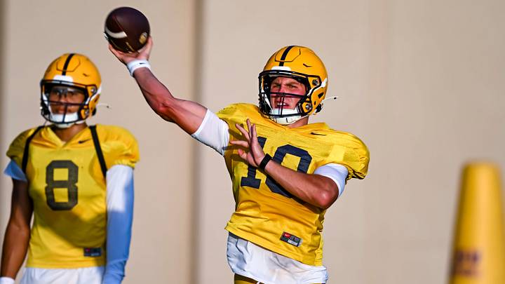 Quarterback Sam Leavitt 10 during LSU Football practice. August 18, 2026.