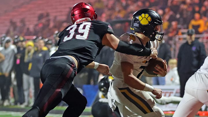 St. Joseph's Prep's Anthony Sacca flies in to make a tackle during the 2023 PIAA Class 6A state championship game against North Allegheny. 