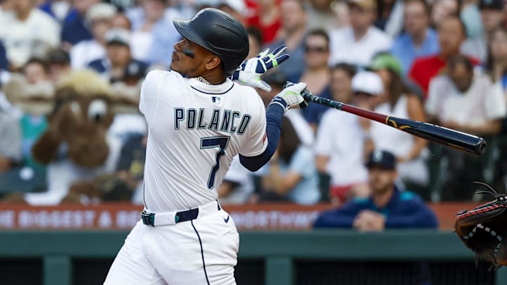 Seattle Mariners designated hitter Jorge Polanco hits a sacrifice fly against the Boston Red Sox on June 17 at T-Mobile Park. Seattle Mariners designated hitter Jorge Polanco hits a sacrifice fly against the Boston Red Sox on June 17 at T-Mobile Park.