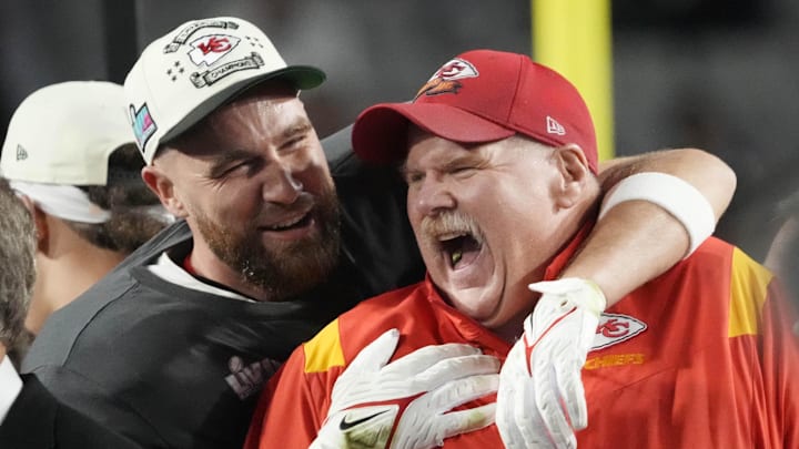 Feb. 12, 2023: Andy Reid and Travis Kelce celebrate the Kansas City Chiefs' win over the Philadelphia Eagles in Super Bowl LVII at State Farm Stadium in Glendale, Arizona.