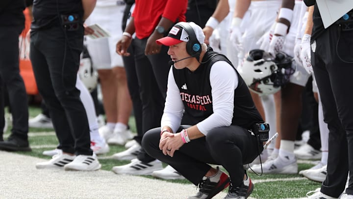 Sep 20, 2025; Salt Lake City, Utah, USA; Texas Tech Red Raiders head coach Joey McGuire looks on during the fourth quarter of the game against the Utah Utes at Rice-Eccles Stadium. Mandatory Credit: Rob Gray-Imagn Images