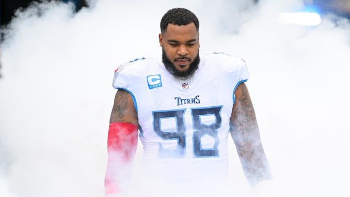 Sep 15, 2024; Nashville, Tennessee, USA;  Tennessee Titans defensive tackle Jeffery Simmons (98) takes the field against the New York Jets during the first half at Nissan Stadium.
