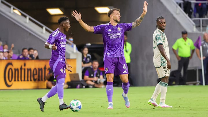 May 24, 2025; Orlando, Florida, USA; Orlando City defender David Brekalo (4) reacts after a play during the first half against the Portland Timbers at Inter&Co Stadium. Mandatory Credit: Mike Watters-Imagn Images