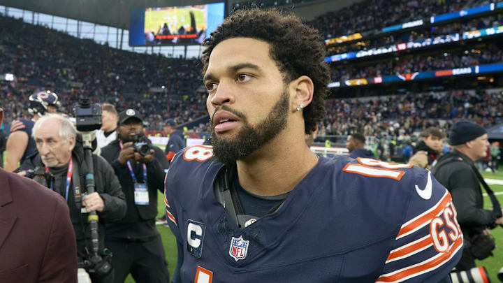 Oct 13, 2024; London, United Kingdom; Chicago Bears quarterback Caleb Williams (18) on the field after an NFL International Series game at Tottenham Hotspur Stadium. Mandatory Credit: Peter van den Berg-Imagn Images