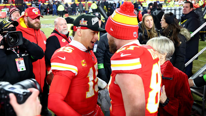 Jan 26, 2025; Kansas City, MO, USA; Kansas City Chiefs quarterback Patrick Mahomes (15) and tight end Travis Kelce (87) react after the AFC Championship gameagainst the Buffalo Bills at GEHA Field at Arrowhead Stadium. Mandatory Credit: Mark J. Rebilas-Imagn Images Jan 26, 2025; Kansas City, MO, USA; Kansas City Chiefs quarterback Patrick Mahomes (15) and tight end Travis Kelce (87) react after the AFC Championship gameagainst the Buffalo Bills at GEHA Field at Arrowhead Stadium. Mandatory Credit: Mark J. Rebilas-Imagn Images