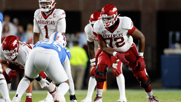 Oct 7, 2023; Oxford, Mississippi, USA; Arkansas Razorbacks offensive linemen Andrew Chamblee (72)