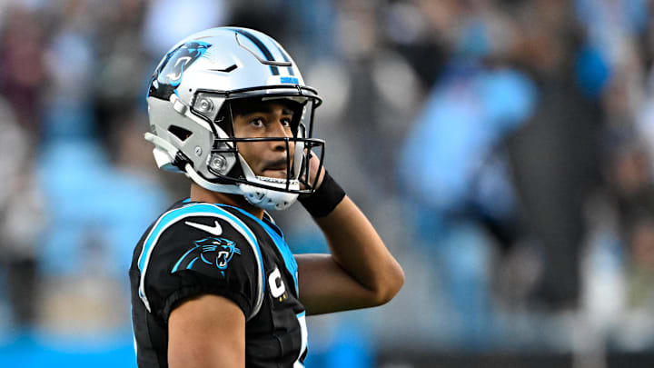 Nov 3, 2024; Charlotte, North Carolina, USA; Carolina Panthers quarterback Bryce Young (9) on the field in the fourth quarter at Bank of America Stadium. Mandatory Credit: Bob Donnan-Imagn Images
