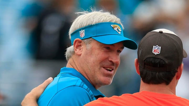 Jacksonville Jaguars head coach Doug Pederson, from left, is greeted by Cleveland Browns head coach Kevin Stefanski and offensive coordinator Ken Dorsey before an NFL football matchup Sunday, Sept. 15, 2024 at EverBank Stadium in Jacksonville, Fla. The Browns defeated the Jaguars 18-13. [Corey Perrine/Florida Times-Union]