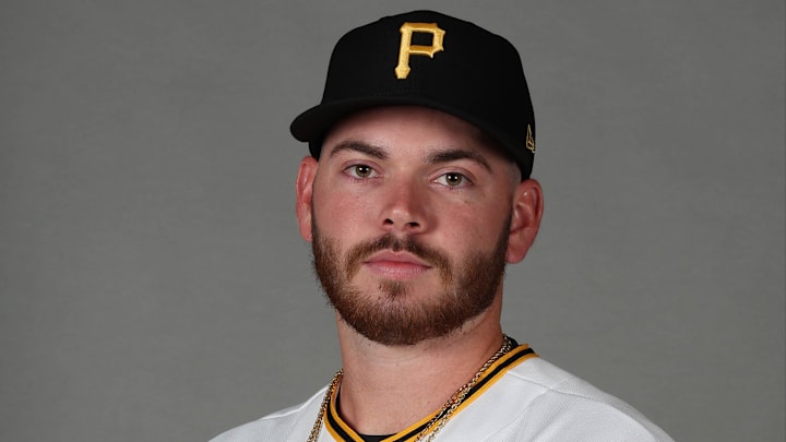 Feb 18, 2026; Bradenton, FL, USA; Pittsburgh Pirates pitcher Ryan Harbin (84) poses for a photo during media day at Pirate City. Mandatory Credit: Kim Klement Neitzel-Imagn Images