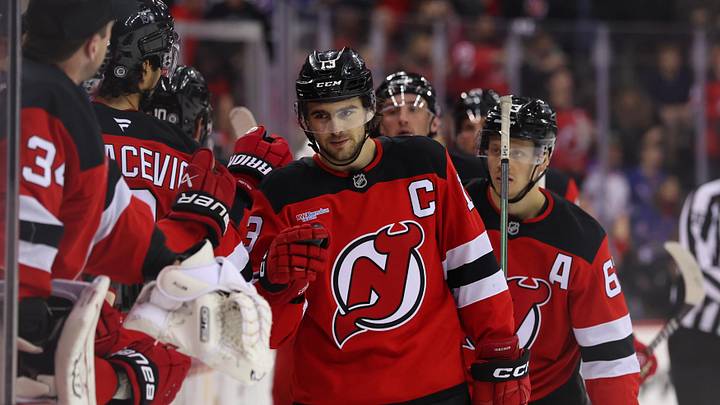 New Jersey Devils center Nico Hischier (13) celebrates his goal against the New York Rangers during the third period at Prudential Center: Ed Mulholland-Imagn Images
