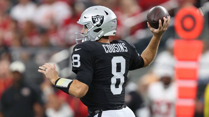 Aug 27, 2026; Paradise, Nevada, USA;  Las Vegas Raiders quarterback Kirk Cousins (8) throws a pass against the San Francisco 49ers during the first quarter at Allegiant Stadium.  Mandatory Credit: Christopher Trim-Imagn Images